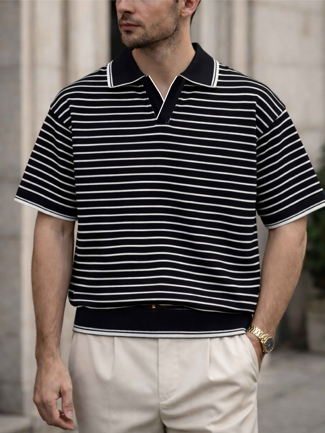 Black - Stripe Old money Polo (Semi Drop)