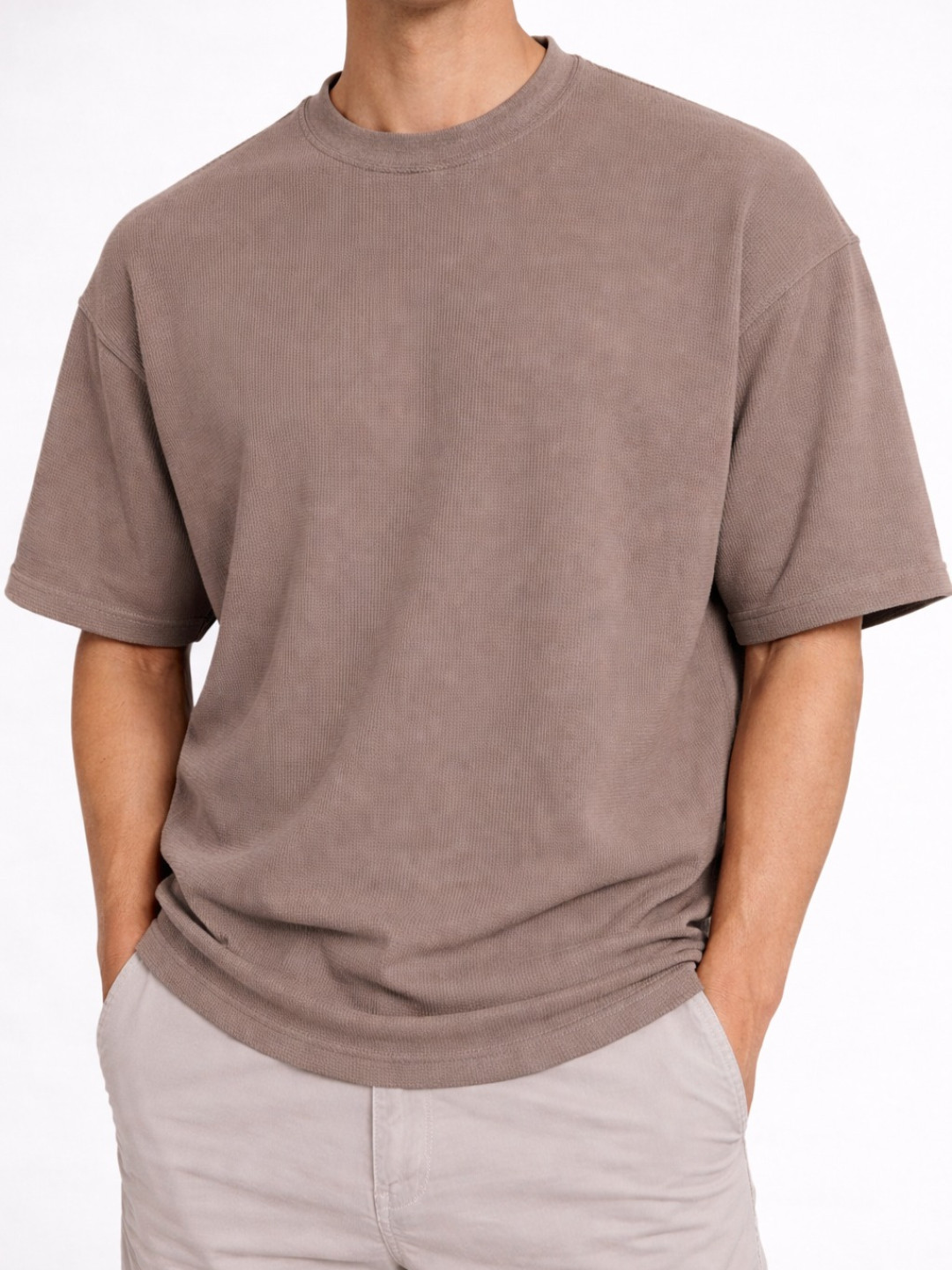 Dark Beige - Cotton Blend Waffle Drop Shoulder Tee