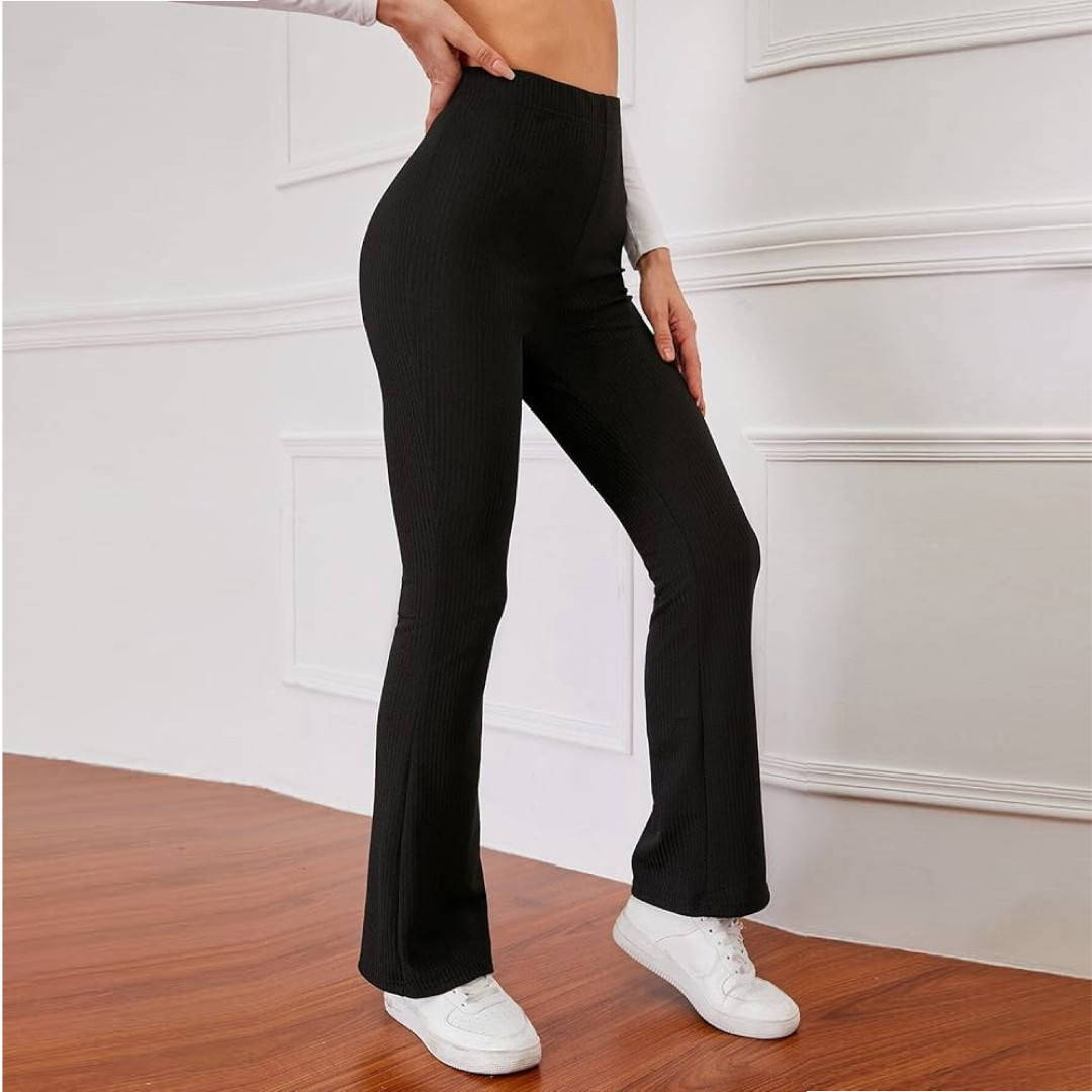 High-rise waist ribbed flare pant - Black
