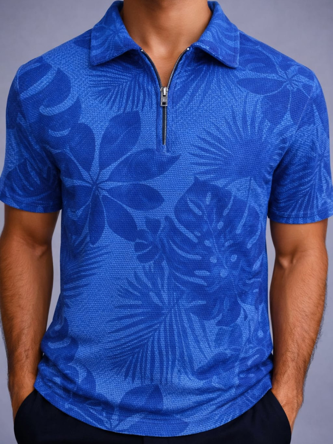 Jacquard Textured Old Money Polo Shirt Zipper Neck - Floral Print Blue