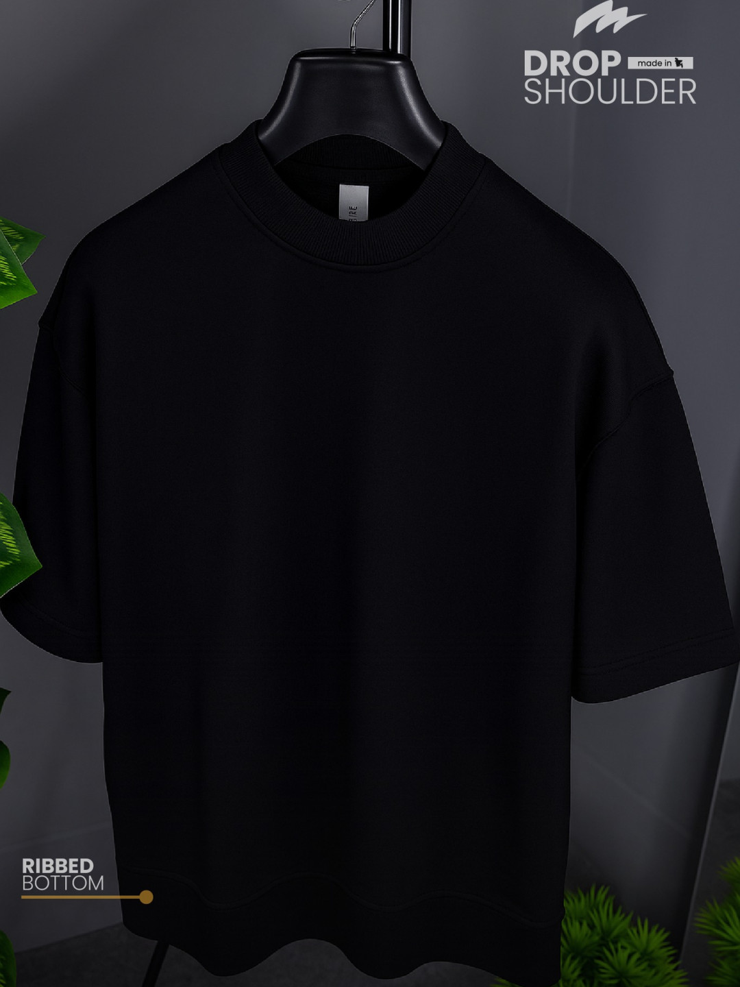 Mock Neck Premium Drop Shoulder T-shirt with Ribbed Bottom - Black