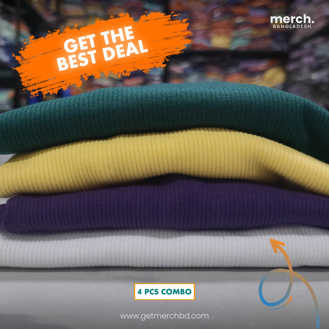 Premium Rib T-shirt -Combo- B.Green, Lt. Yellow, Purple, White