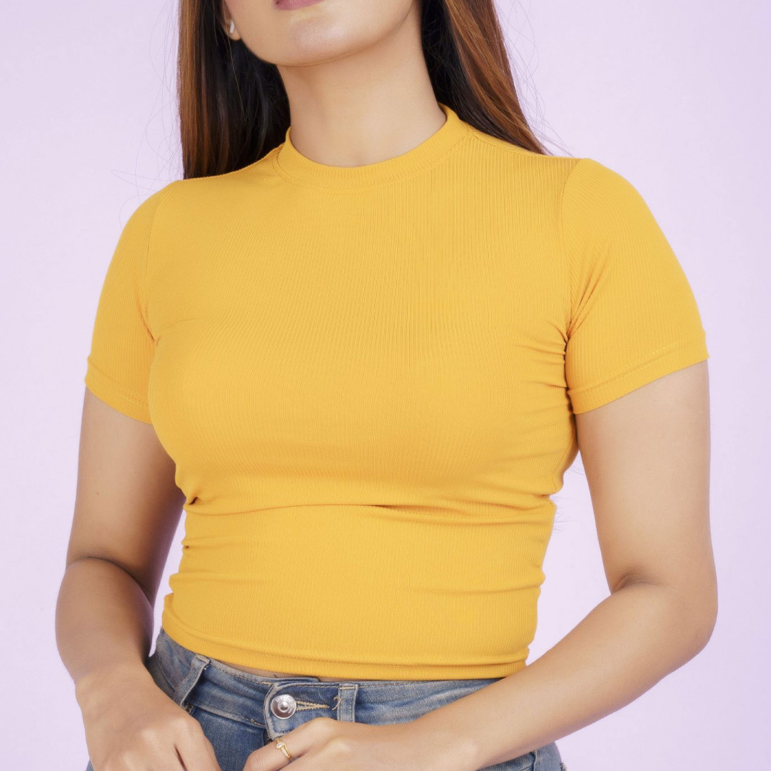 Short Sleeve Ribbed Crop Top - Mustard Yellow