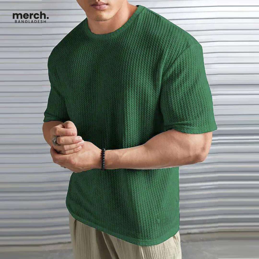 Waffle Knitted Drop Shoulder T-shirt - BOTTLE GREEN