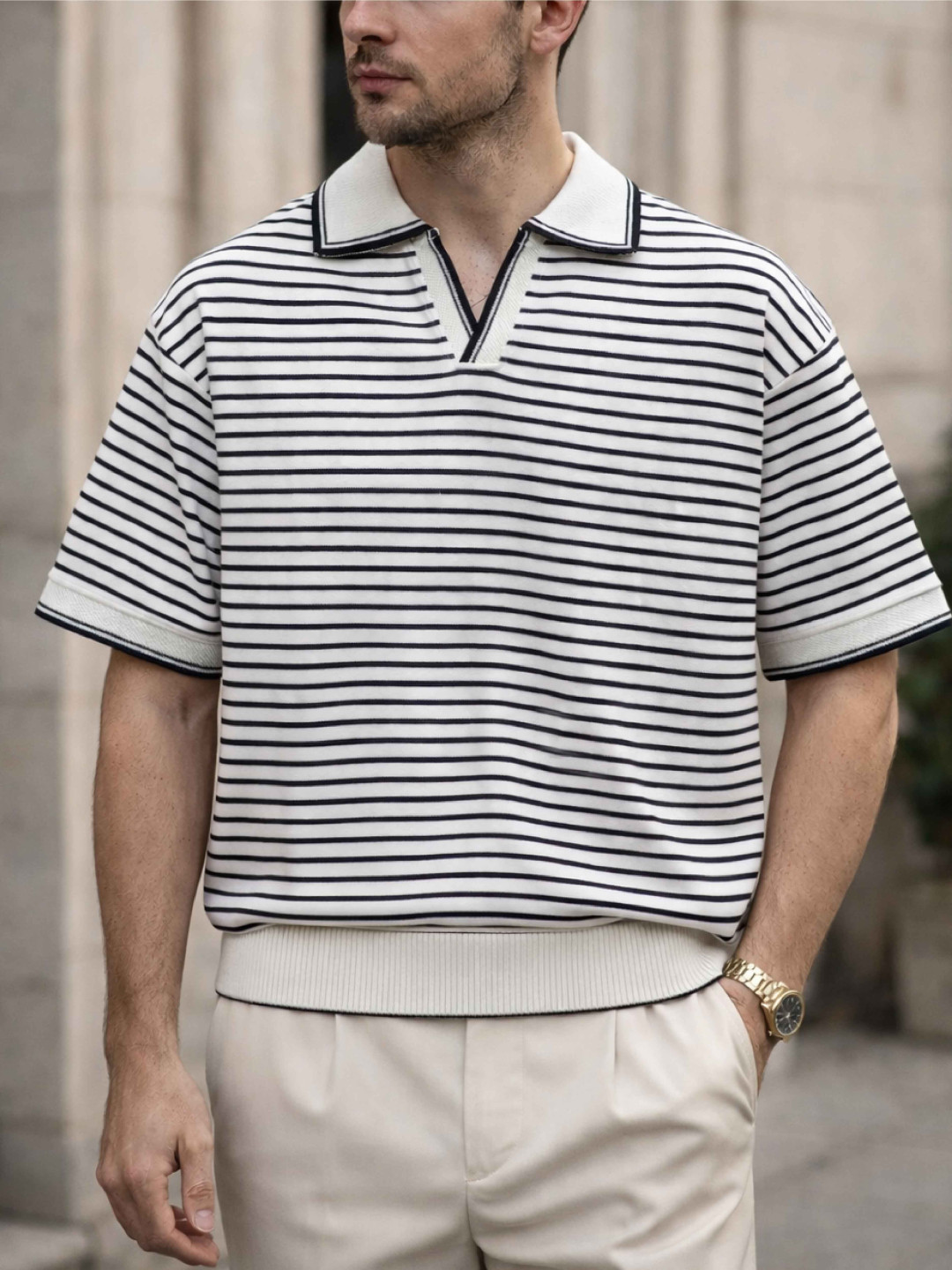 White - Stripe Old money Polo (Semi Drop)