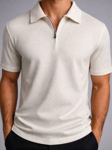 Jacquard Textured Old Money Polo Shirt Zipper Neck - White