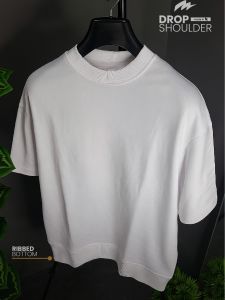Mock Neck Premium Drop Shoulder T-shirt with Ribbed Bottom - Cream White