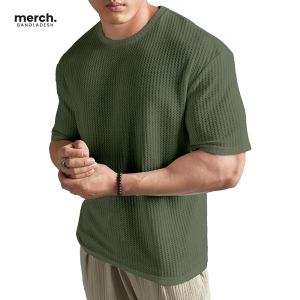 Waffle knitted Drop Shoulder T-Shirt - OLIVE